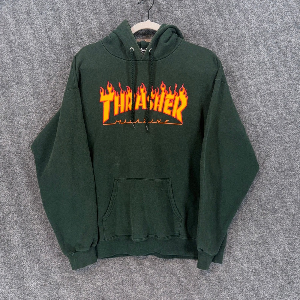 Thrasher Hoodie Mens Medium Green Flame Logo Skateboard Streetwear Sweatshirt